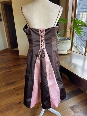 Niki Lavis Brown Satin Midi Dress with Square Neck & Corset Details in Back 14